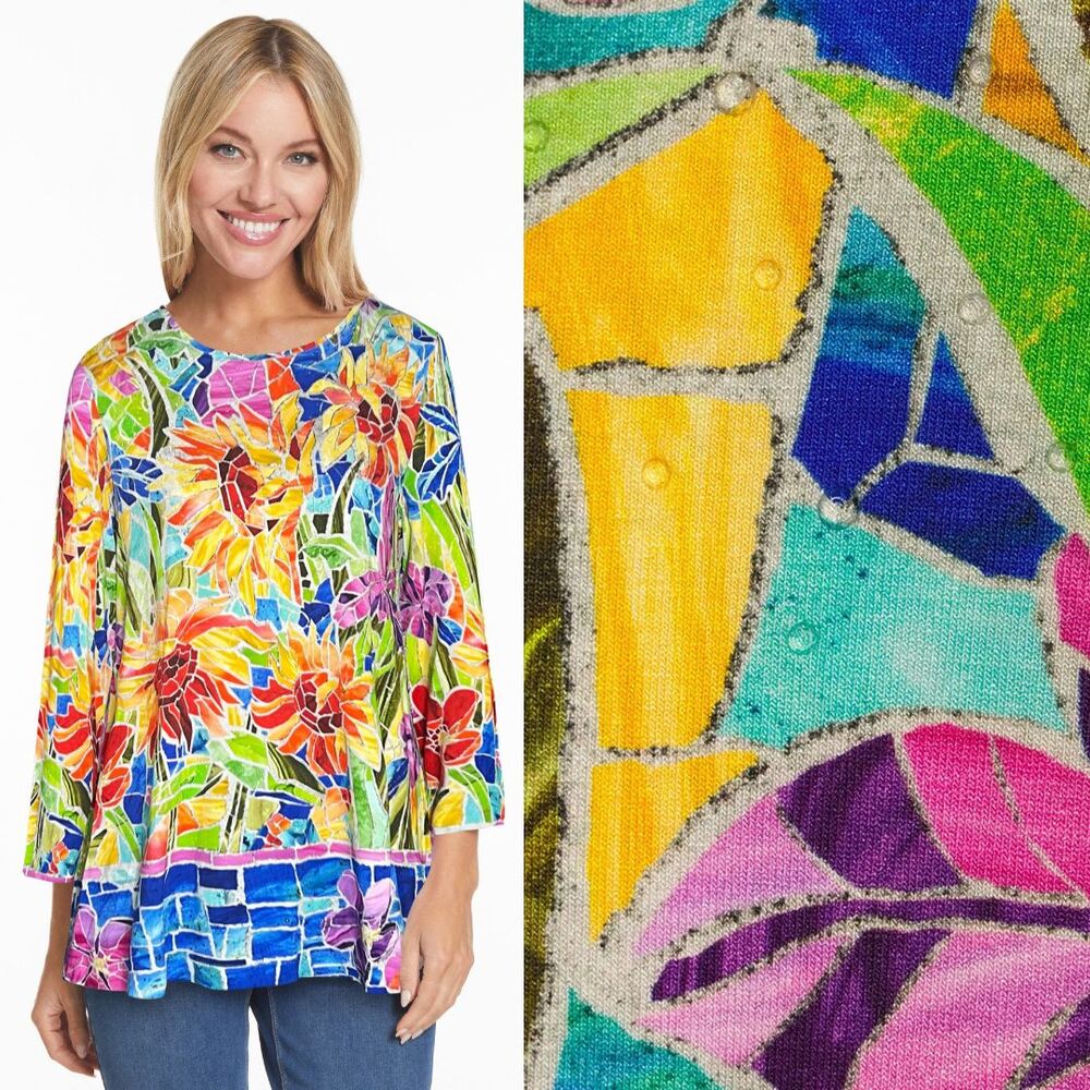 Ali Miles Mosaic Tile Floral Tunic Top 2X Rhinestone Stretch Knit Wearable Artsy